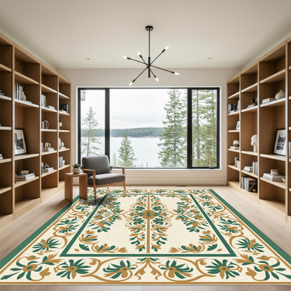 Golden Green Floral Scroll Border Rug