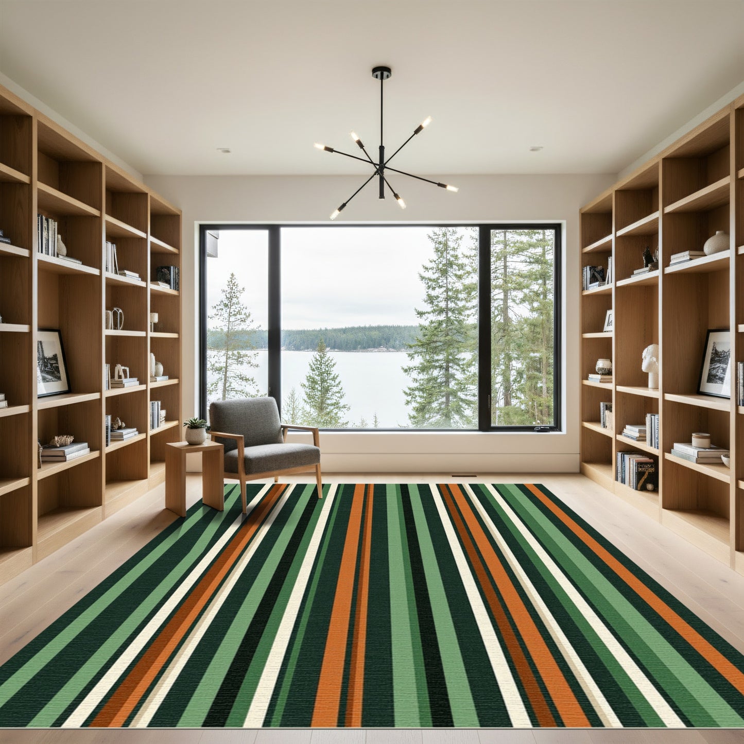 Earthy Green and Copper Vertical Striped Rug