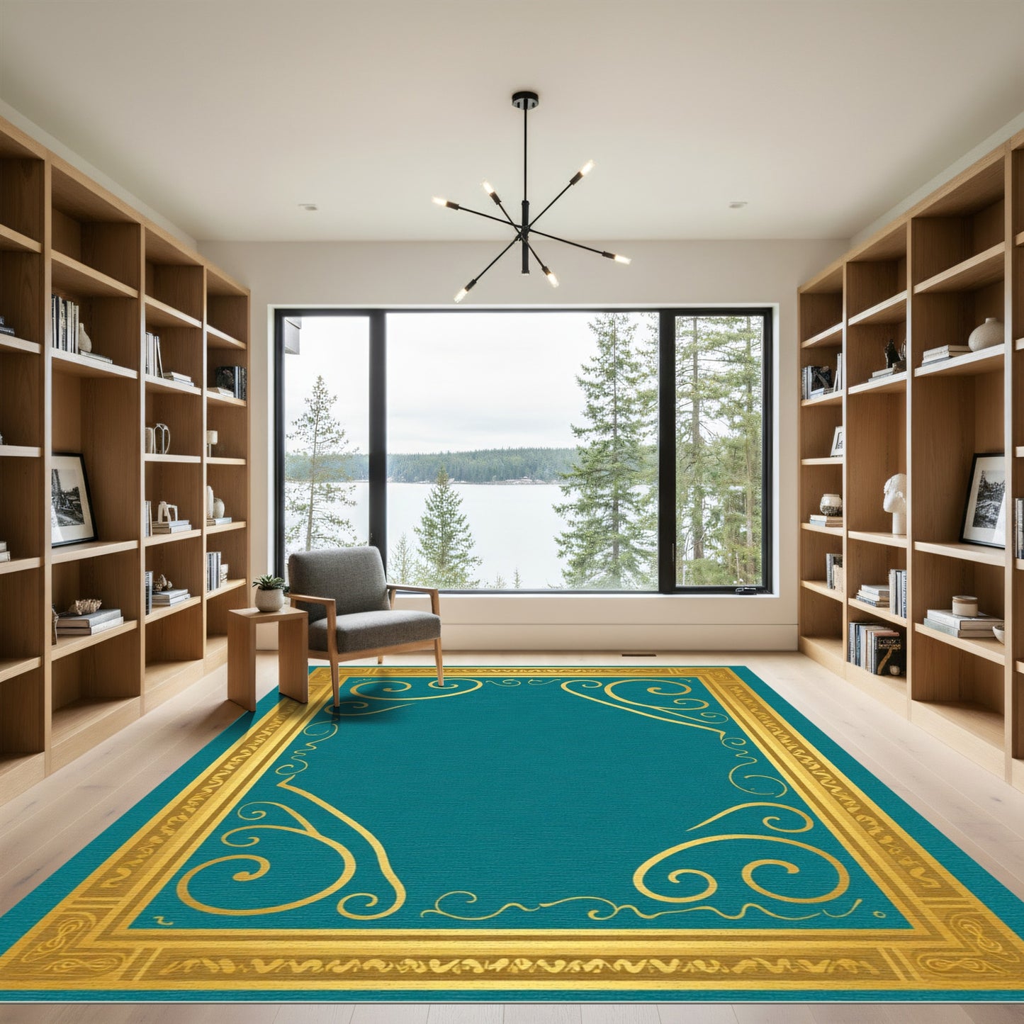 Ornate Gold Teal Scrollwork Frame Rug