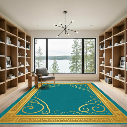 Ornate Gold Teal Scrollwork Frame Rug