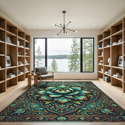 Teal Lotus Blossoming Medallion Art Rug