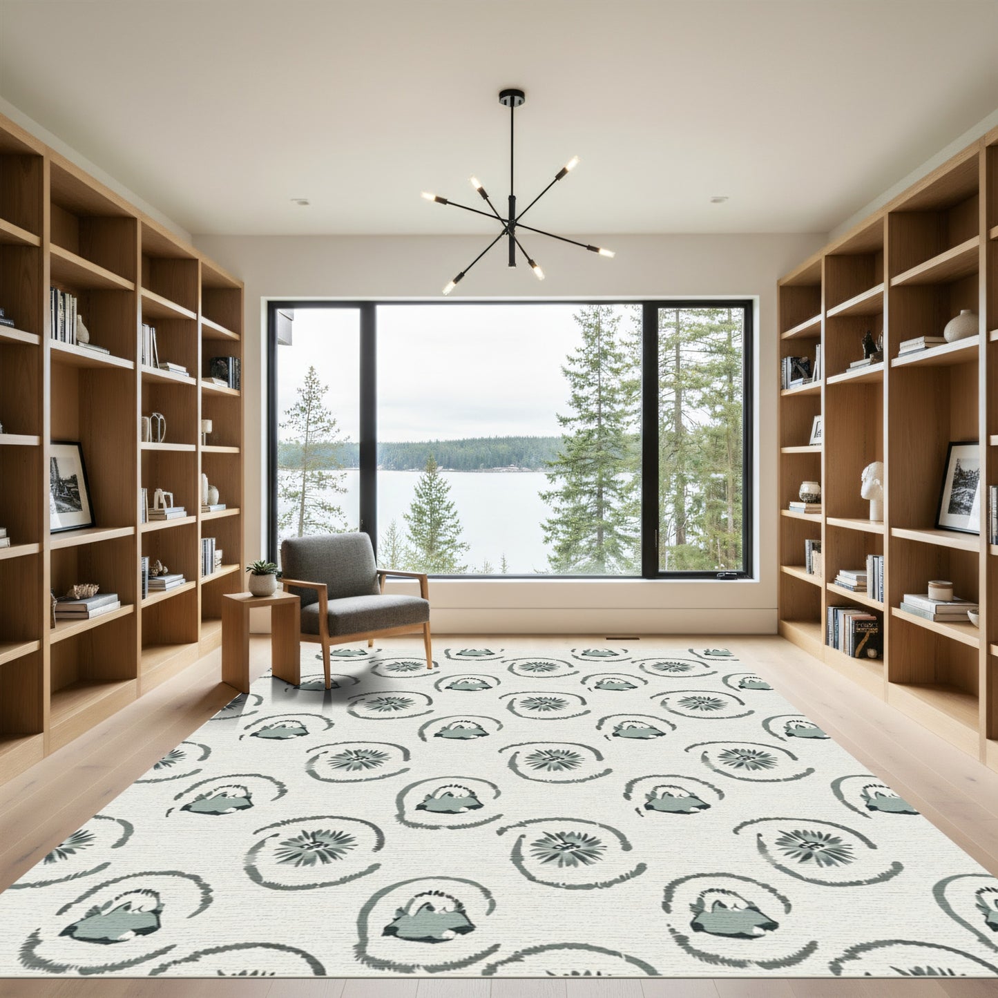 Subtle Teal Abstract Swirl Flower Rug