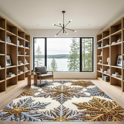 Metallic Gold and Silver Winter Snowflake Rug