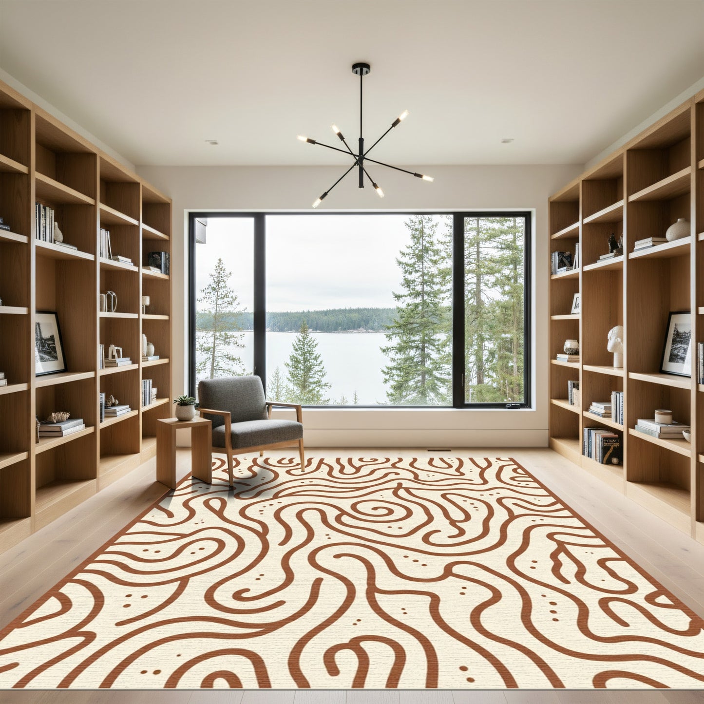 Earthy Cream Swirl Line Art Rug
