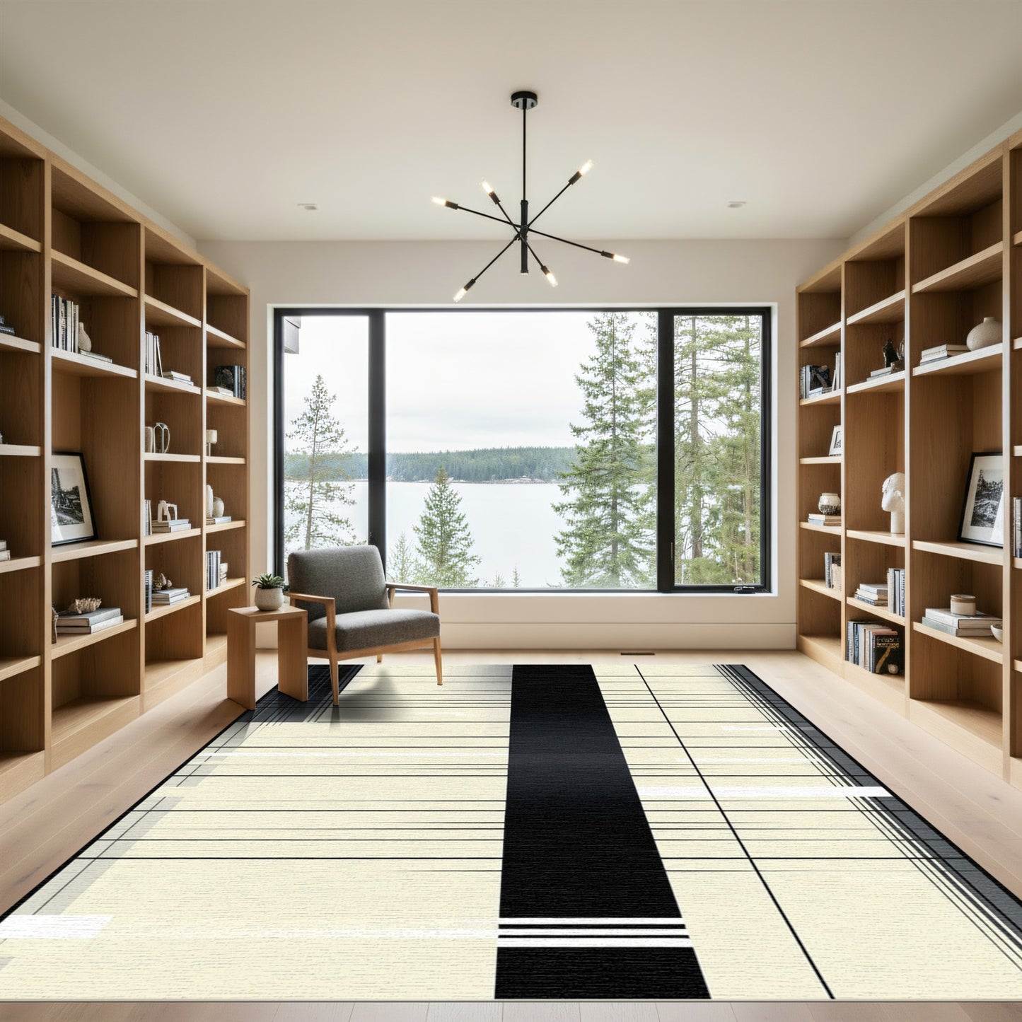 Modern Cream Black Striped Rectangles Rug