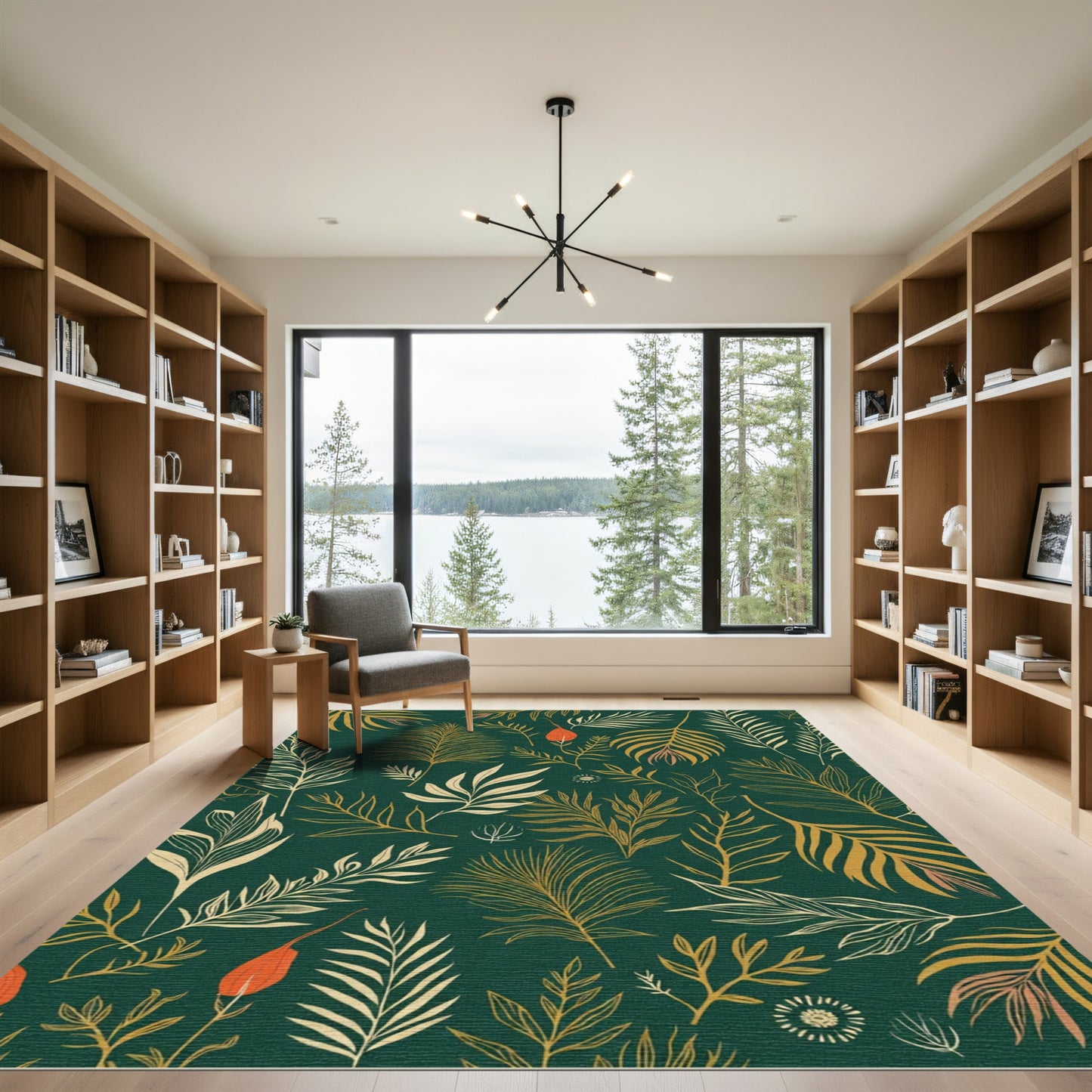 Golden Tropical Foliage on Teal Rug