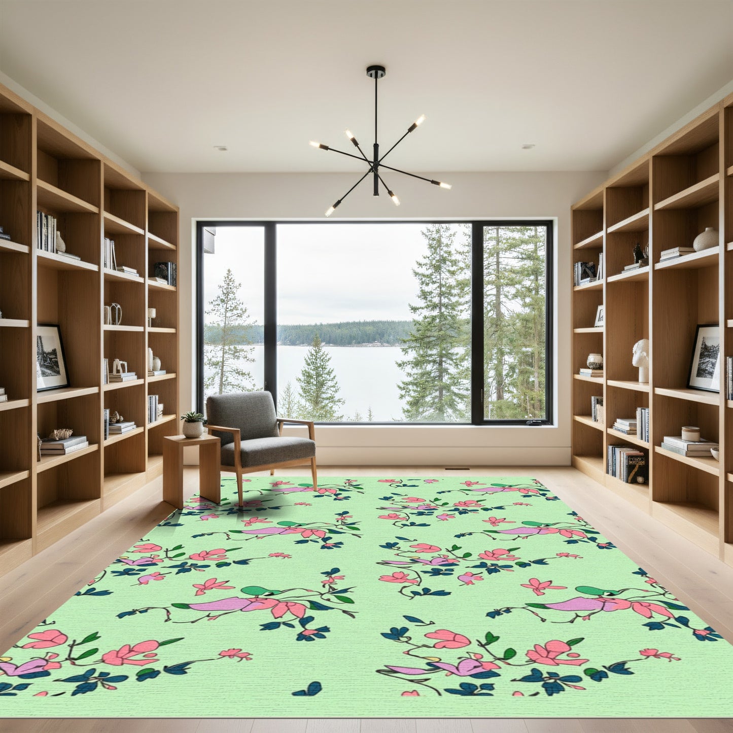 Light Green Pink Floral Bird Branch Rug