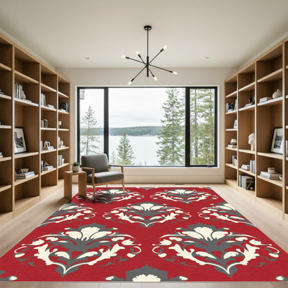 Red Cream Gray Damask Ornament Rug