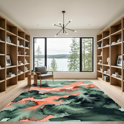 Coral and Sage Abstract Fluid Swirl Rug