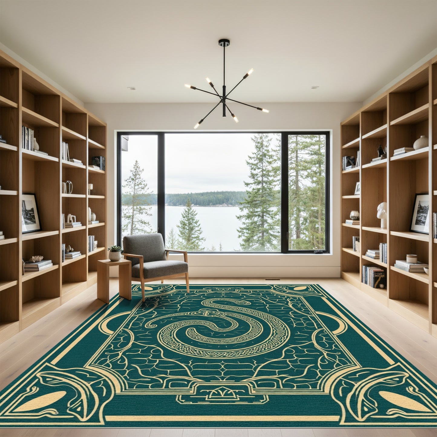 Teal Gold Serpent Crest Emblem Rug