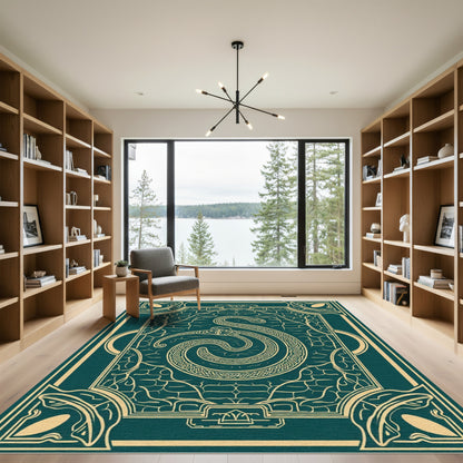 Teal Gold Serpent Crest Emblem Rug