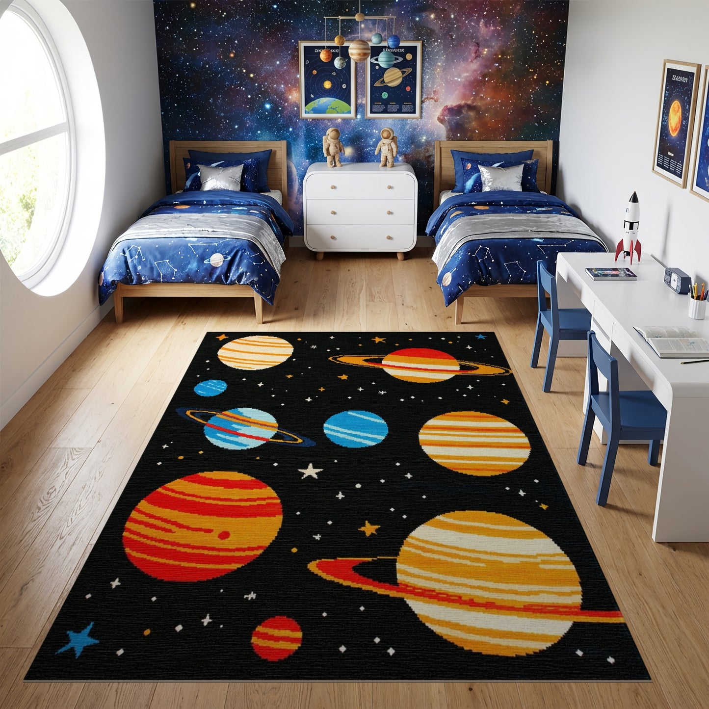 Whimsical Striped Planets Stars Cosmic Rug