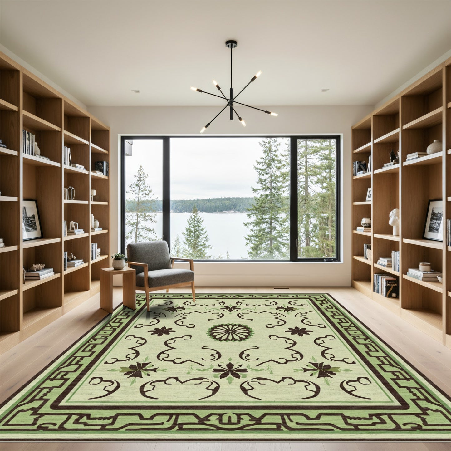 Earthy Green Floral Scroll Square Rug