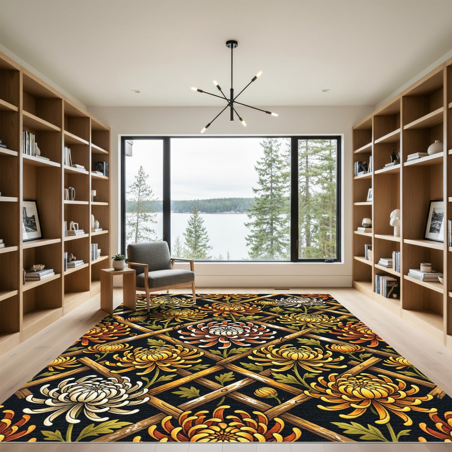 Golden Chrysanthemum Lattice Floral Trellis Rug