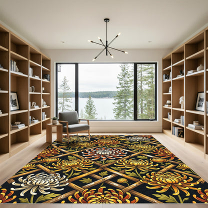 Golden Chrysanthemum Lattice Floral Trellis Rug