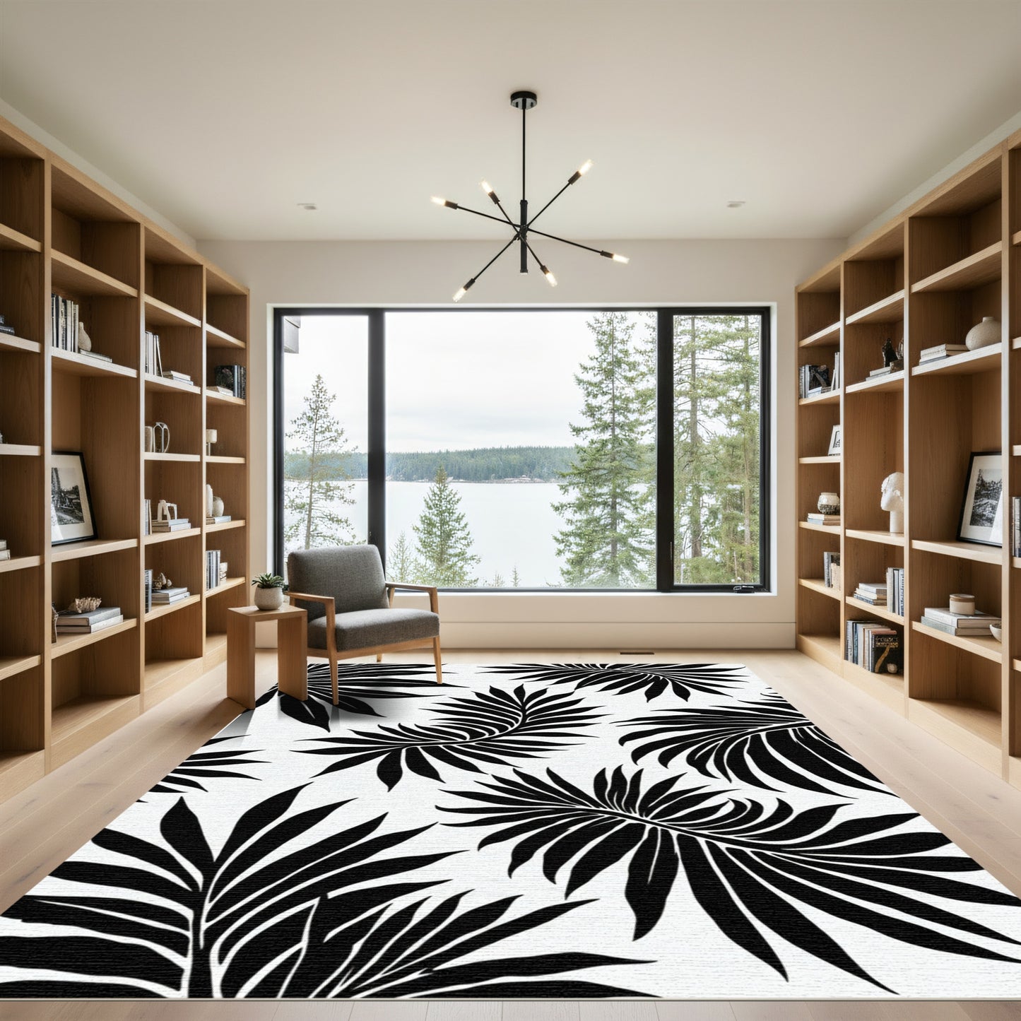 Black Palm Frond Tropical Leaf Composition Rug