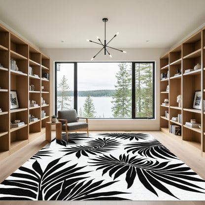 Black Palm Frond Tropical Leaf Composition Rug