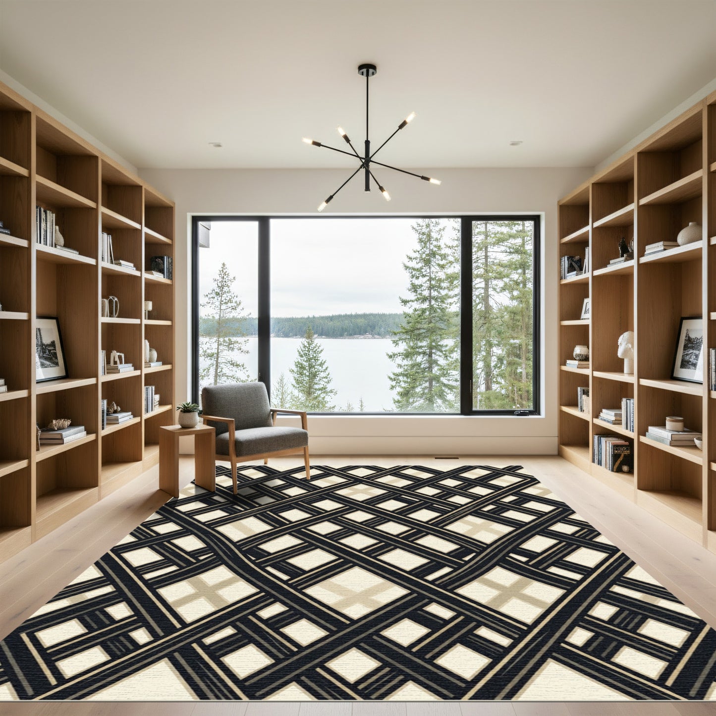 Monochrome Geometric Lattice Grid Rug