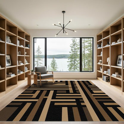 Modern Brown Geometric Linear Grid Rug