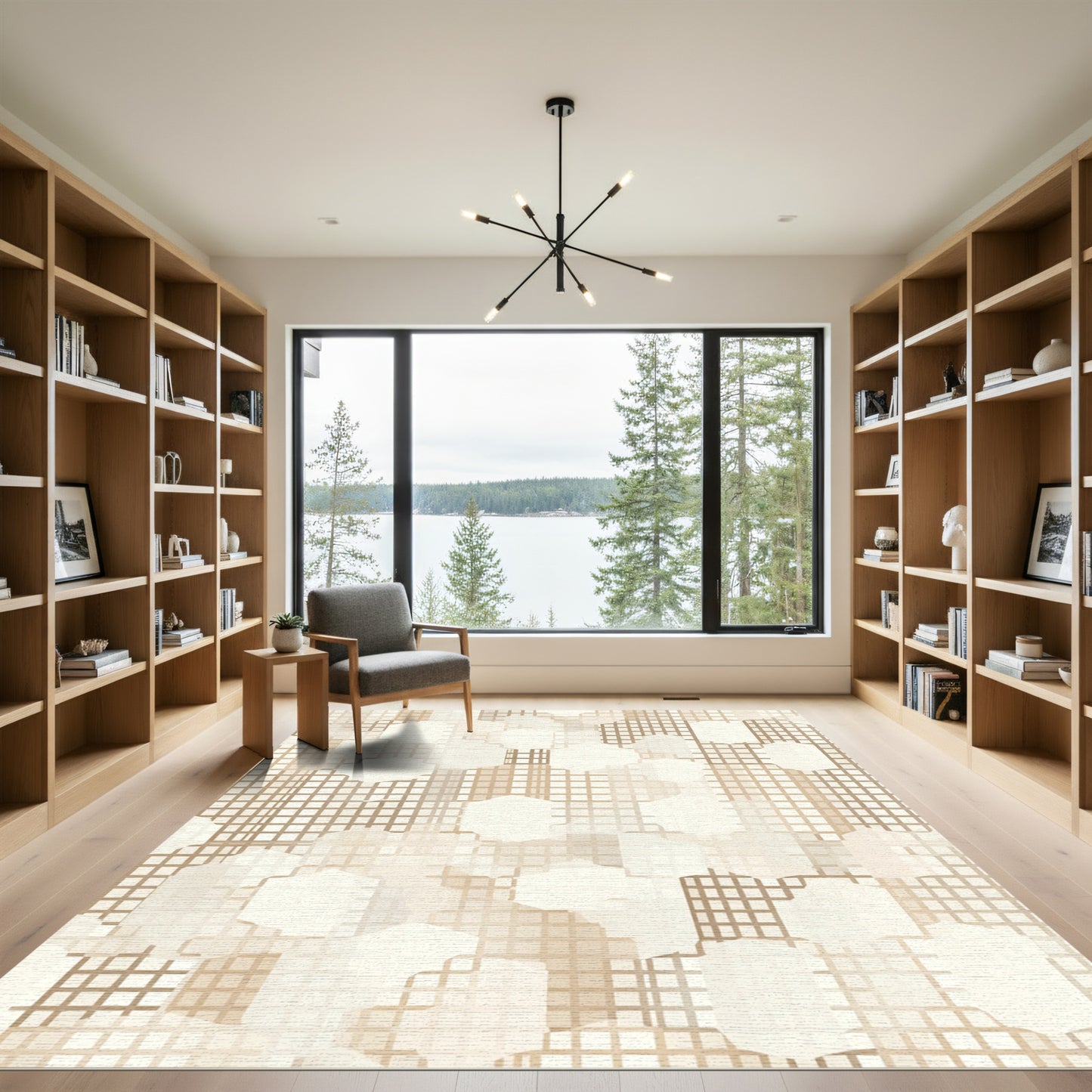 Neutral Tan Geometric Layered Hexagons Rug