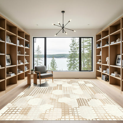 Neutral Tan Geometric Layered Hexagons Rug