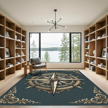 Antique Gold Nautical Compass Medallion Rug