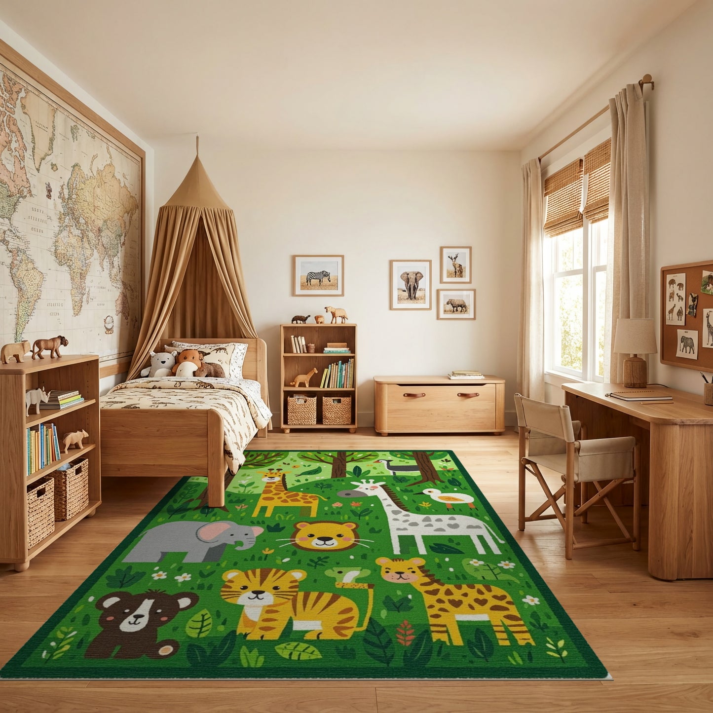 Whimsical Forest Animals Vibrant Green Rug