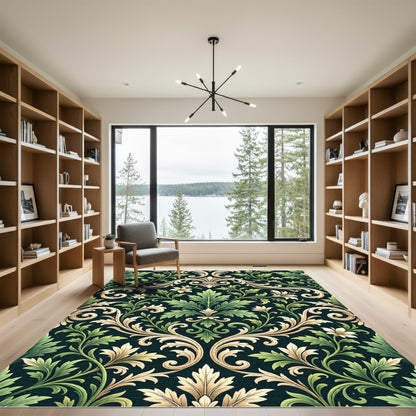 Dark Green and Gold Floral Scroll Rug