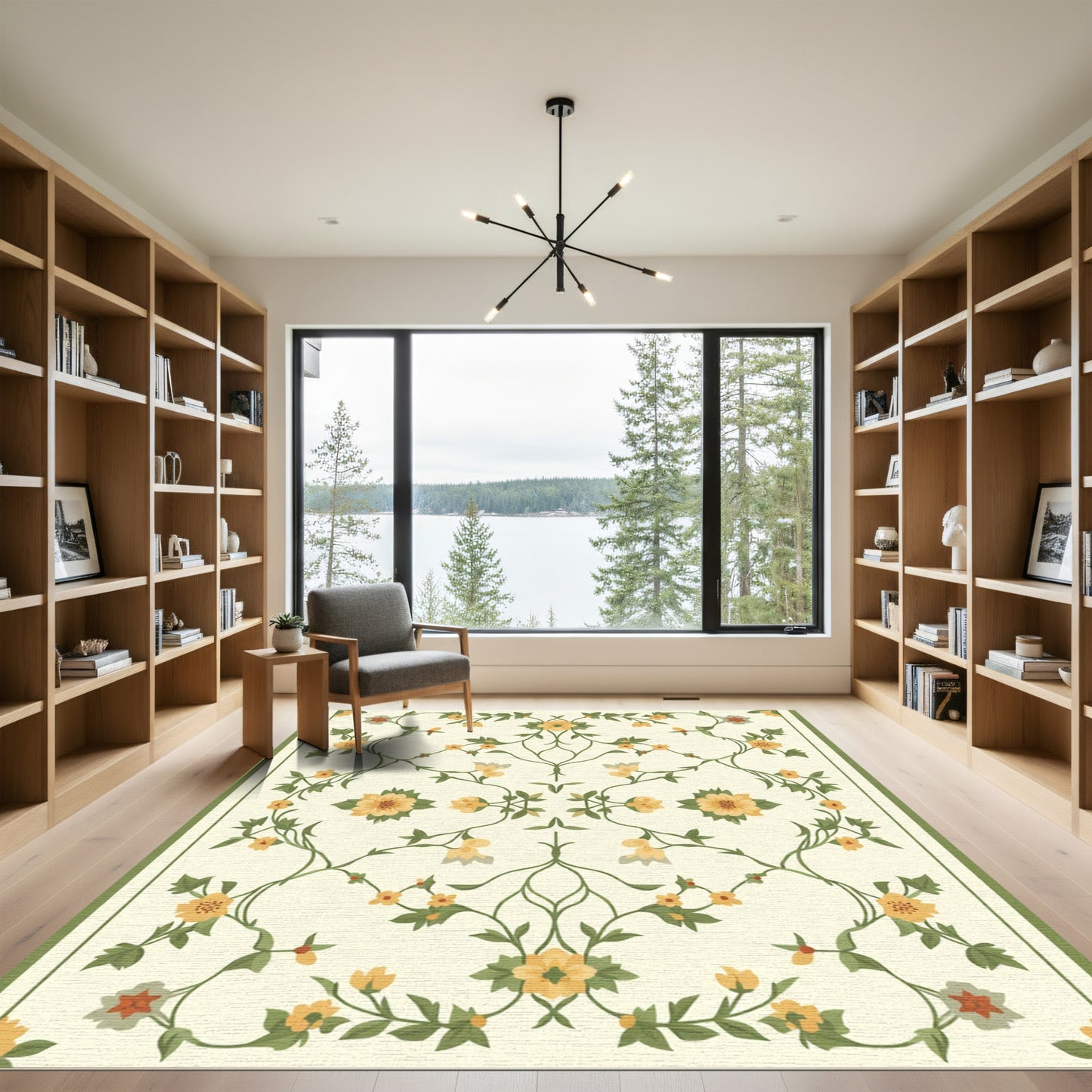 Cream Yellow Floral Vine Medallion Rug