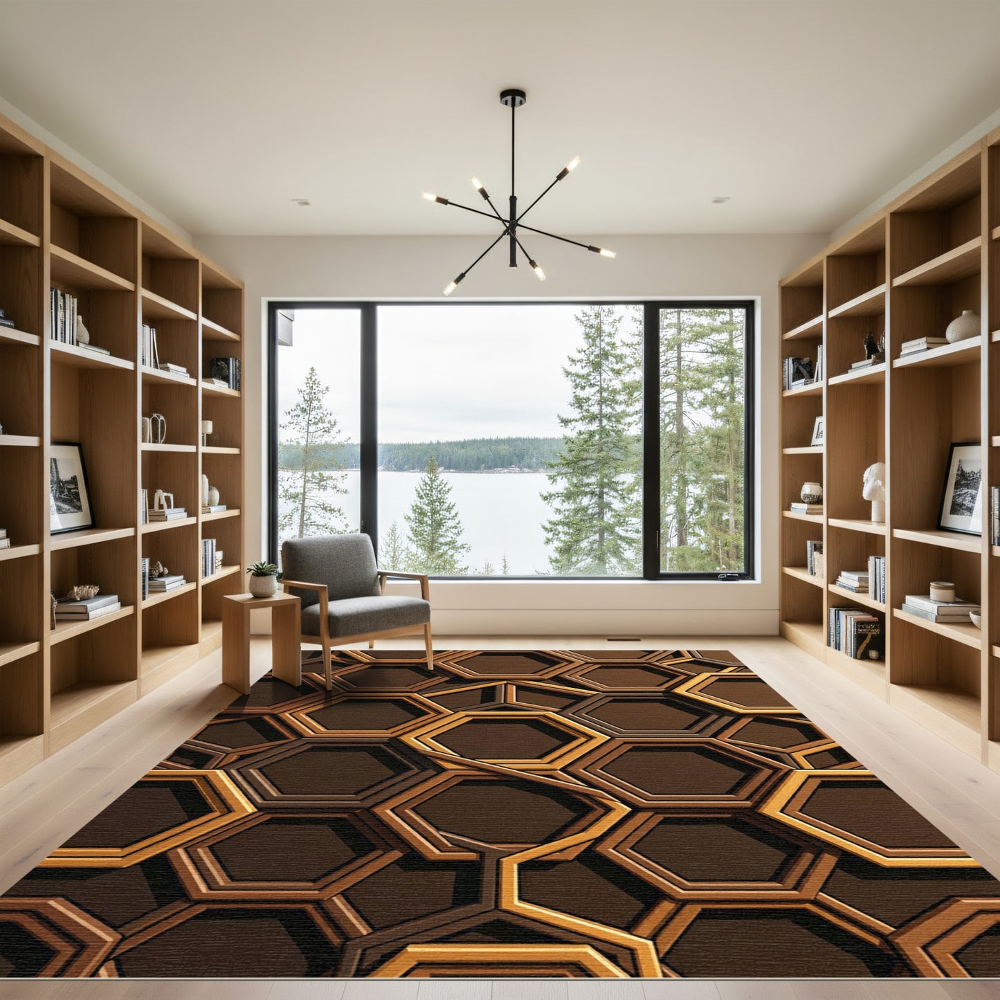 Rich Brown Golden Hexagon Grid Rug