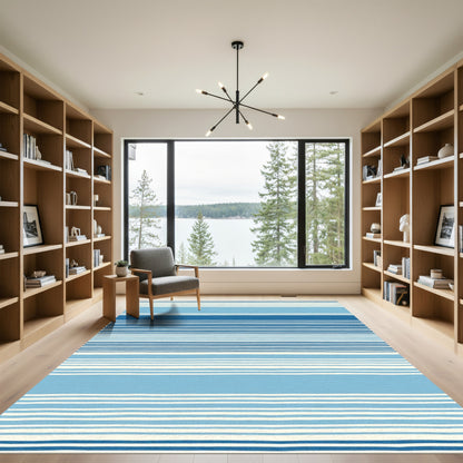 Ocean Blue White Handcrafted Stripes Rug