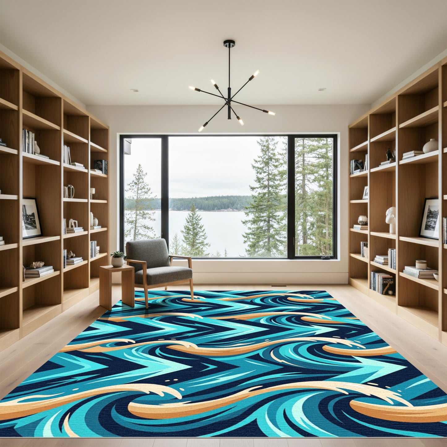 Dynamic Teal and Gold Wave Flow Rug