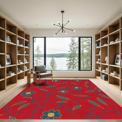 Red Teal Floral Foliage Whimsical Rug