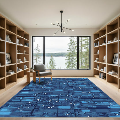 Glitchy Deep Blue Rectangular Collage Rug