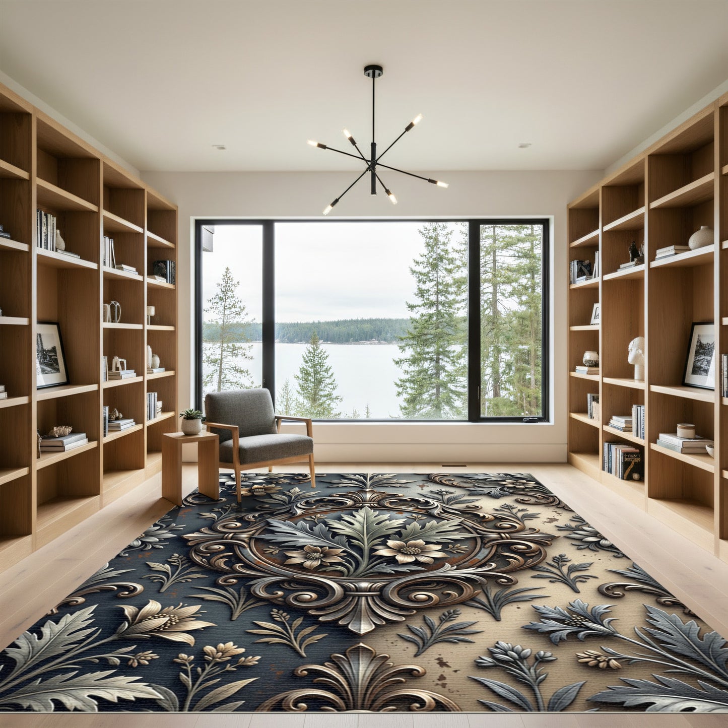 Ornate Silver Gold Floral Damask Rug