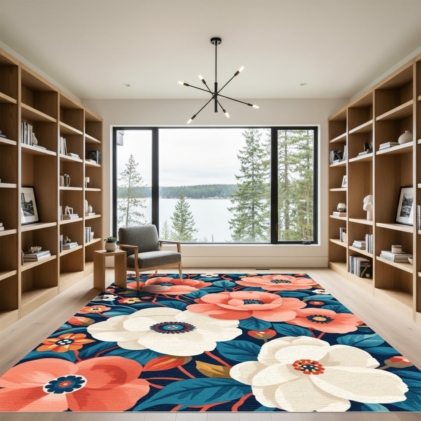 Coral White Floral Bloom Navy Rug