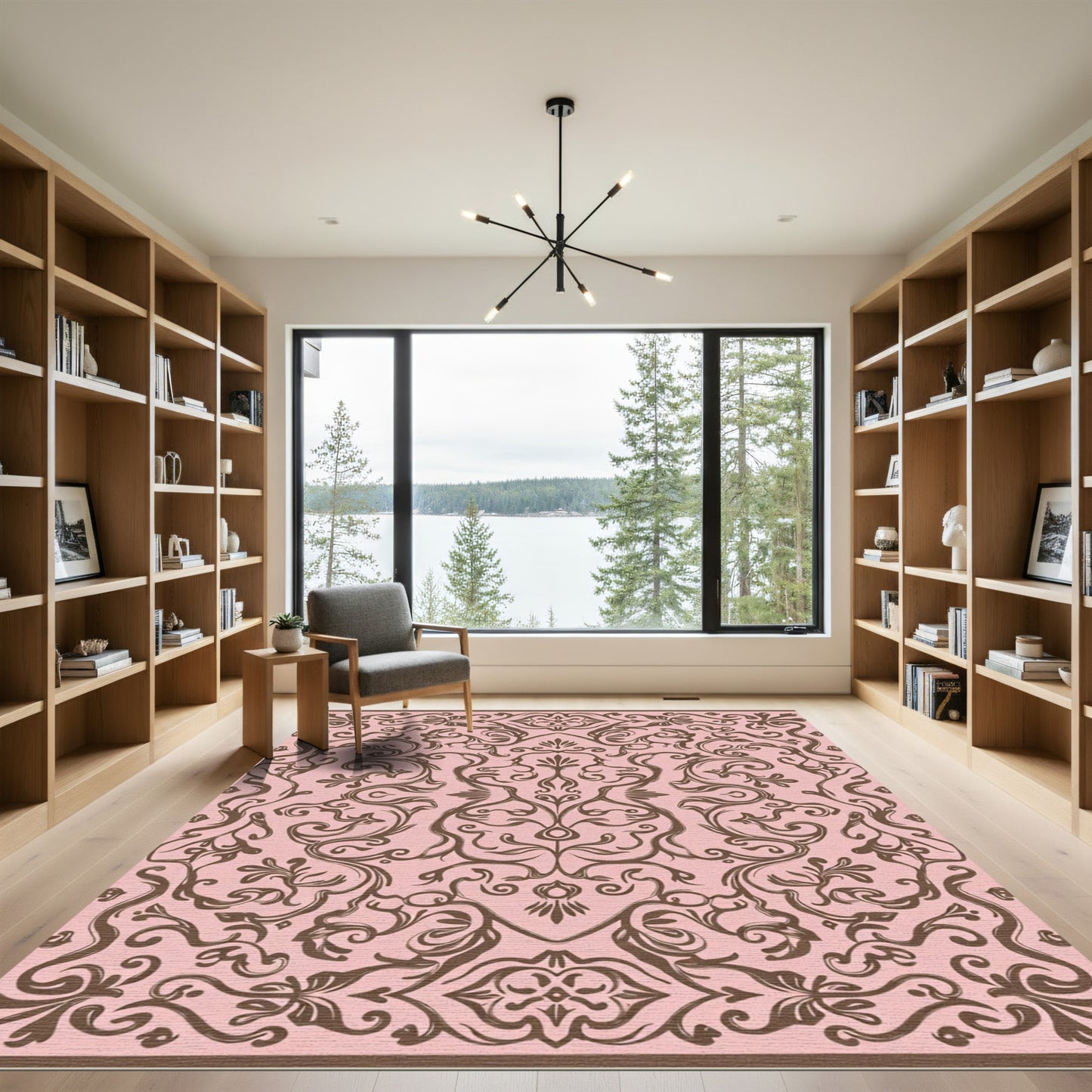 Pink Brown Flourish Damask Rug