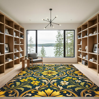 Golden Floral Damask Teal Botanical Art Rug