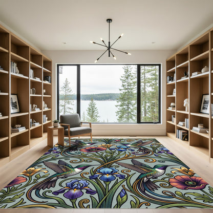 Art Nouveau Hummingbird and Floral Illustration Rug