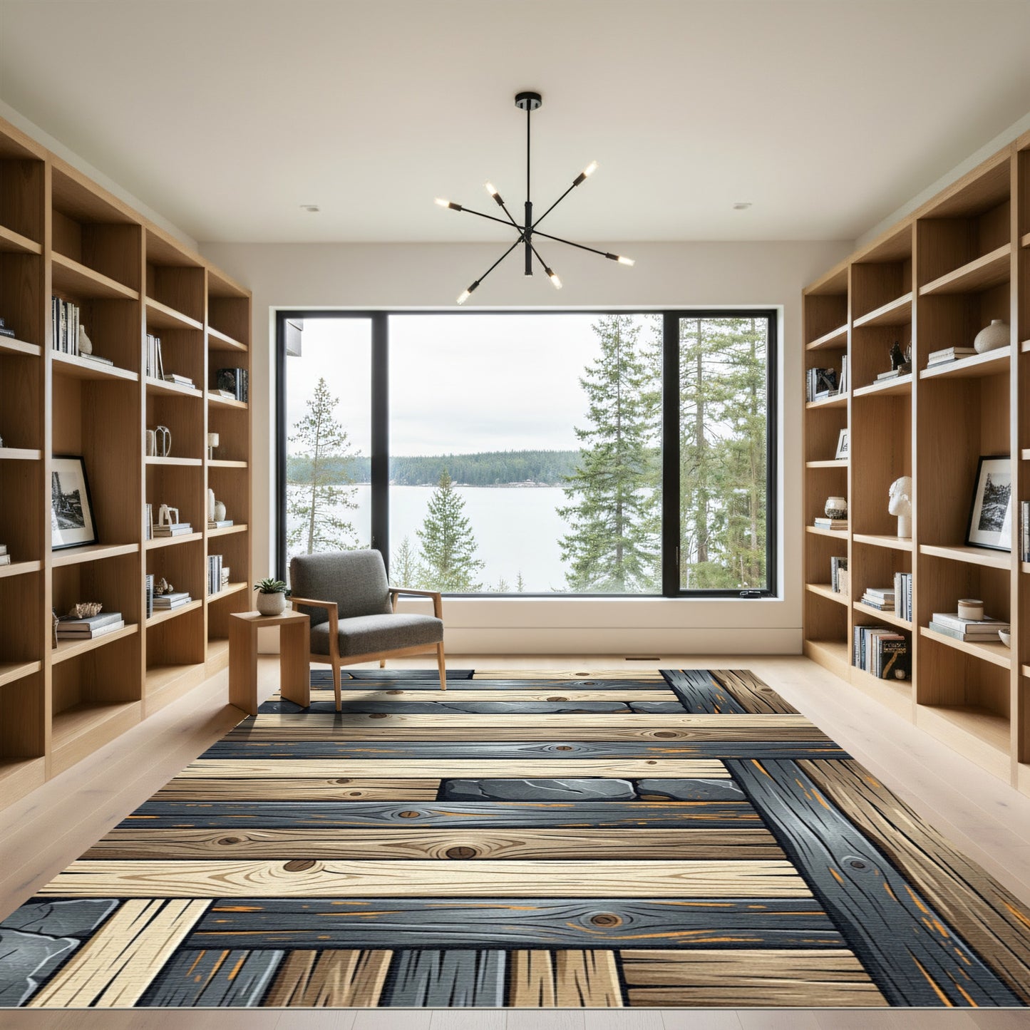 Rustic Wood Stone Plank Composition Rug