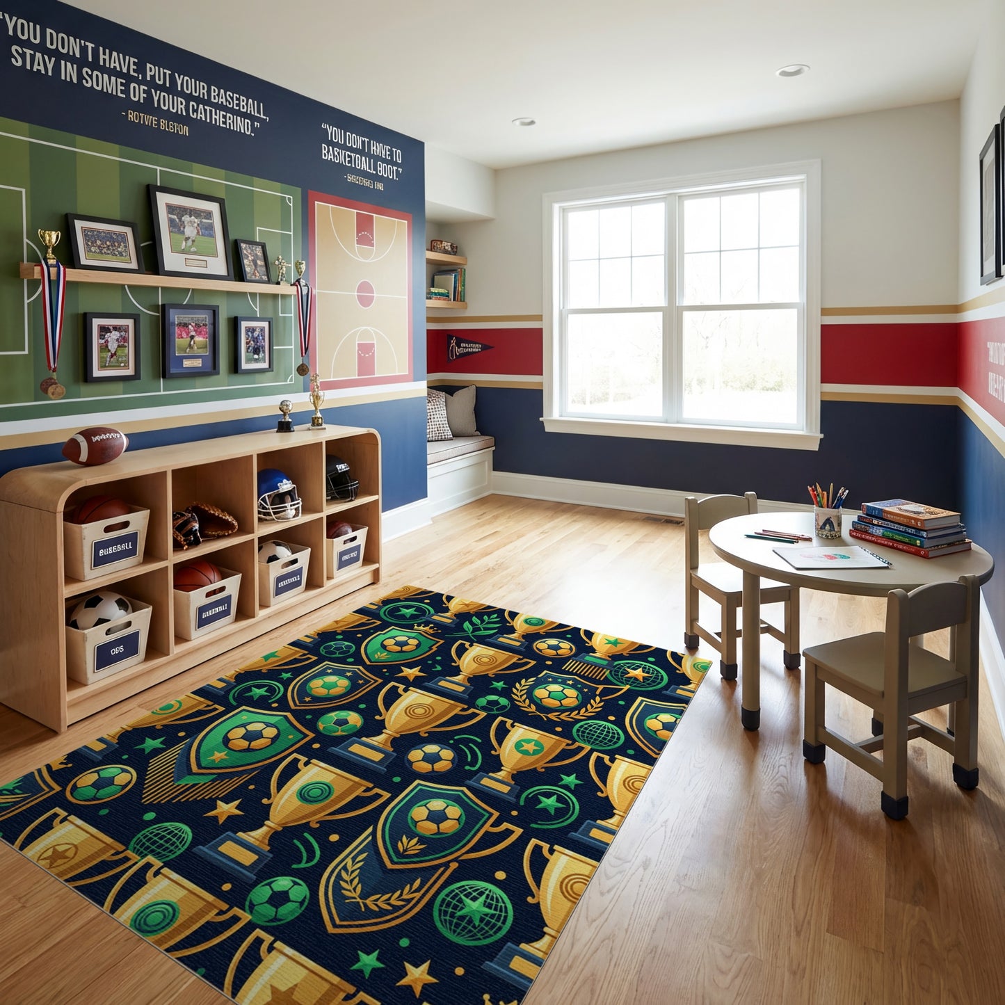 Vibrant Golden Soccer Victory Trophies Rug