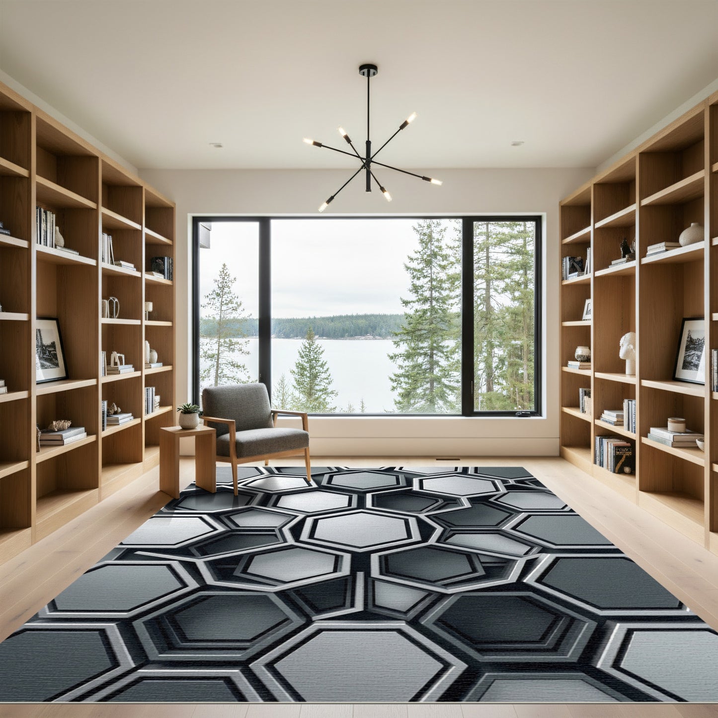 Monochromatic Gray Hexagonal Overlap Rug