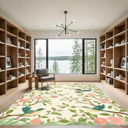 Pink Blossom Birds Garden Scene Rug