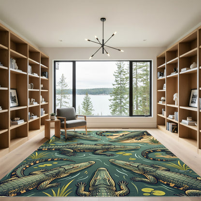Swamp Reptile Green Alligator Wildlife Illustration Rug