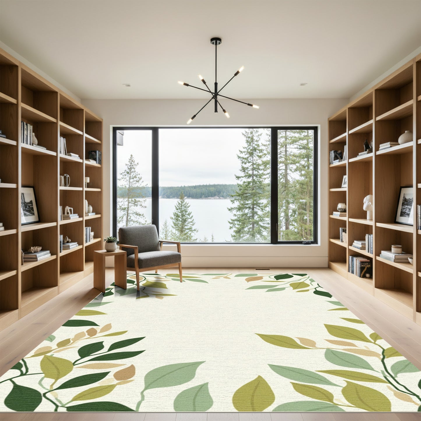 Earthy Green Leafy Vine Border Rug