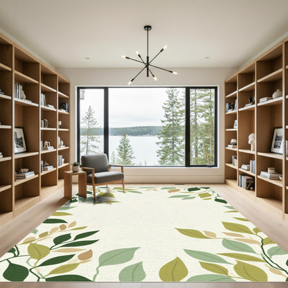 Earthy Green Leafy Vine Border Rug
