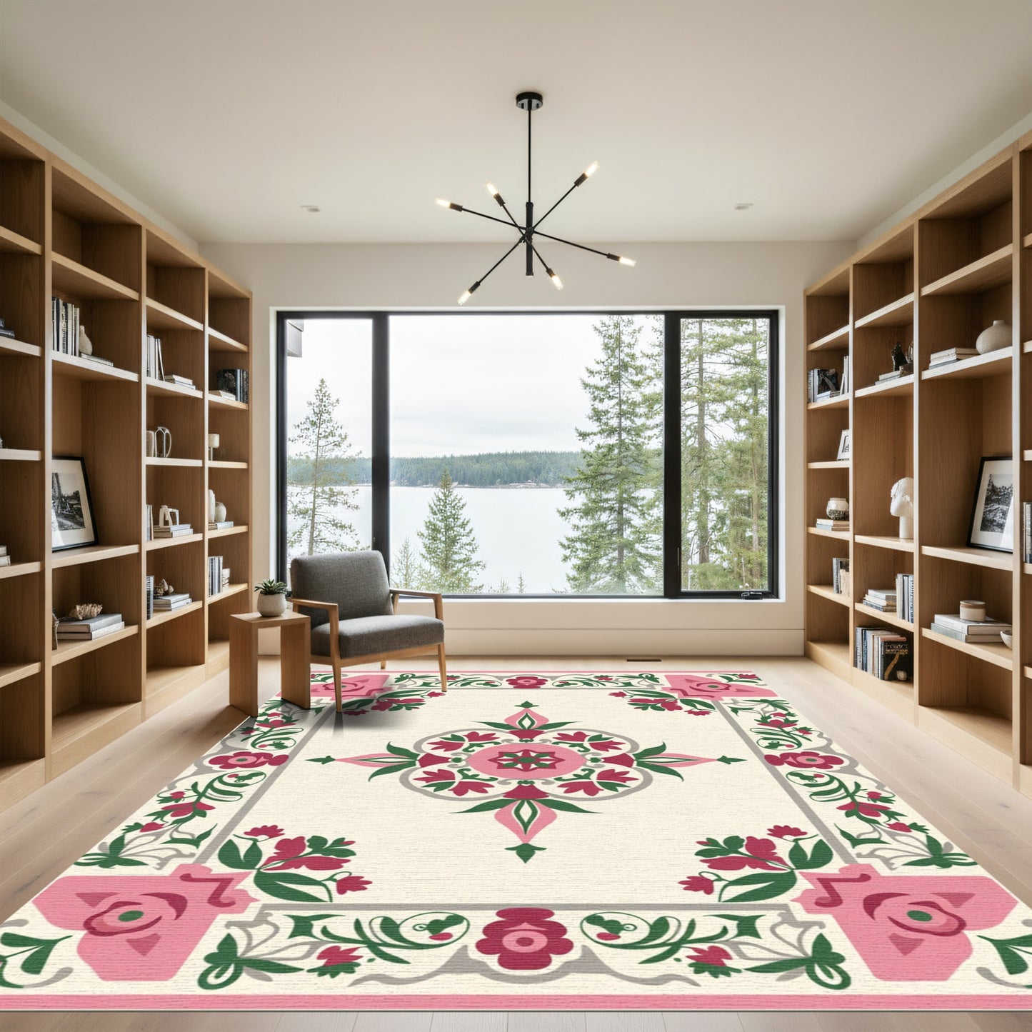 Pink Green Floral Medallion Border Rug