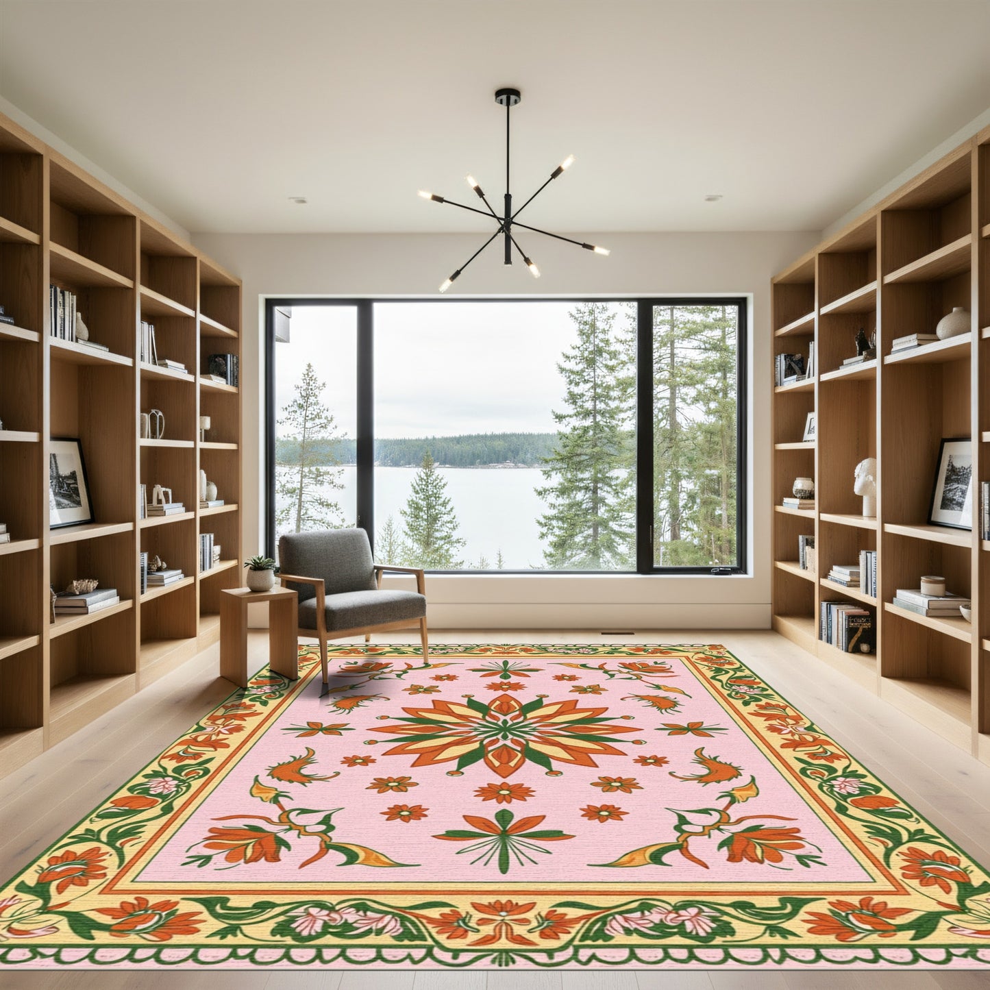 Pink Orange Green Floral Medallion Border Rug