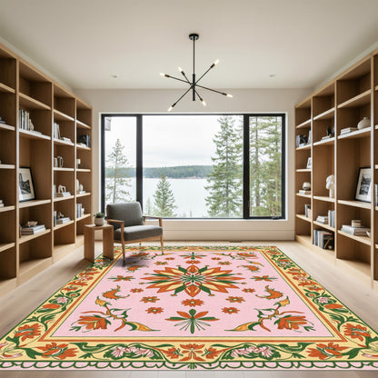 Pink Orange Green Floral Medallion Border Rug