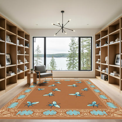 Brown Blue Butterfly Border Rug